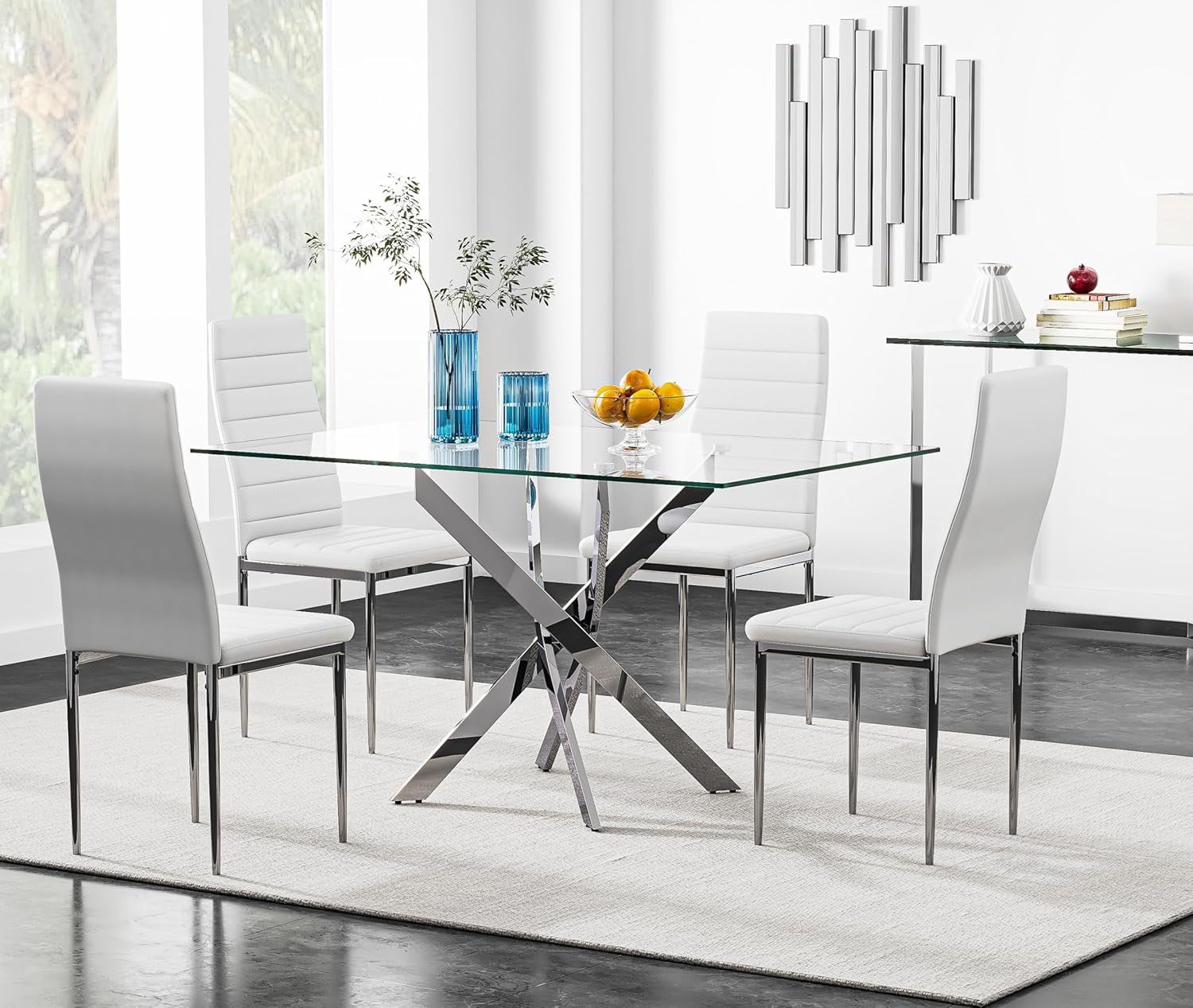 5 Piece Dining Table Table Set, Tempered Glass Dining Table Set for 4 Kitchen Table Set with 4 Upholstered Chairs for Kitchen Dining Room (Sliver Table with White Chair)