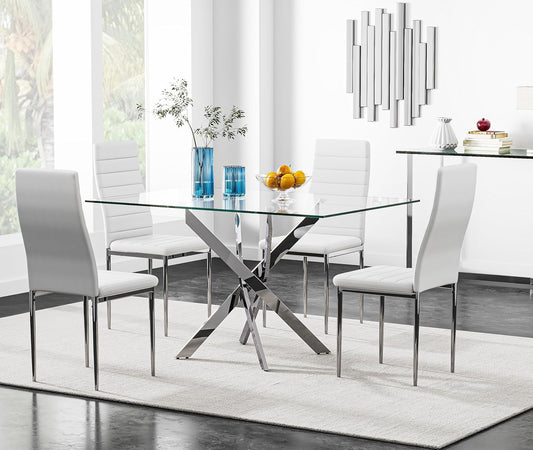 5 Piece Dining Table Table Set, Tempered Glass Dining Table Set for 4 Kitchen Table Set with 4 Upholstered Chairs for Kitchen Dining Room (Sliver Table with White Chair)