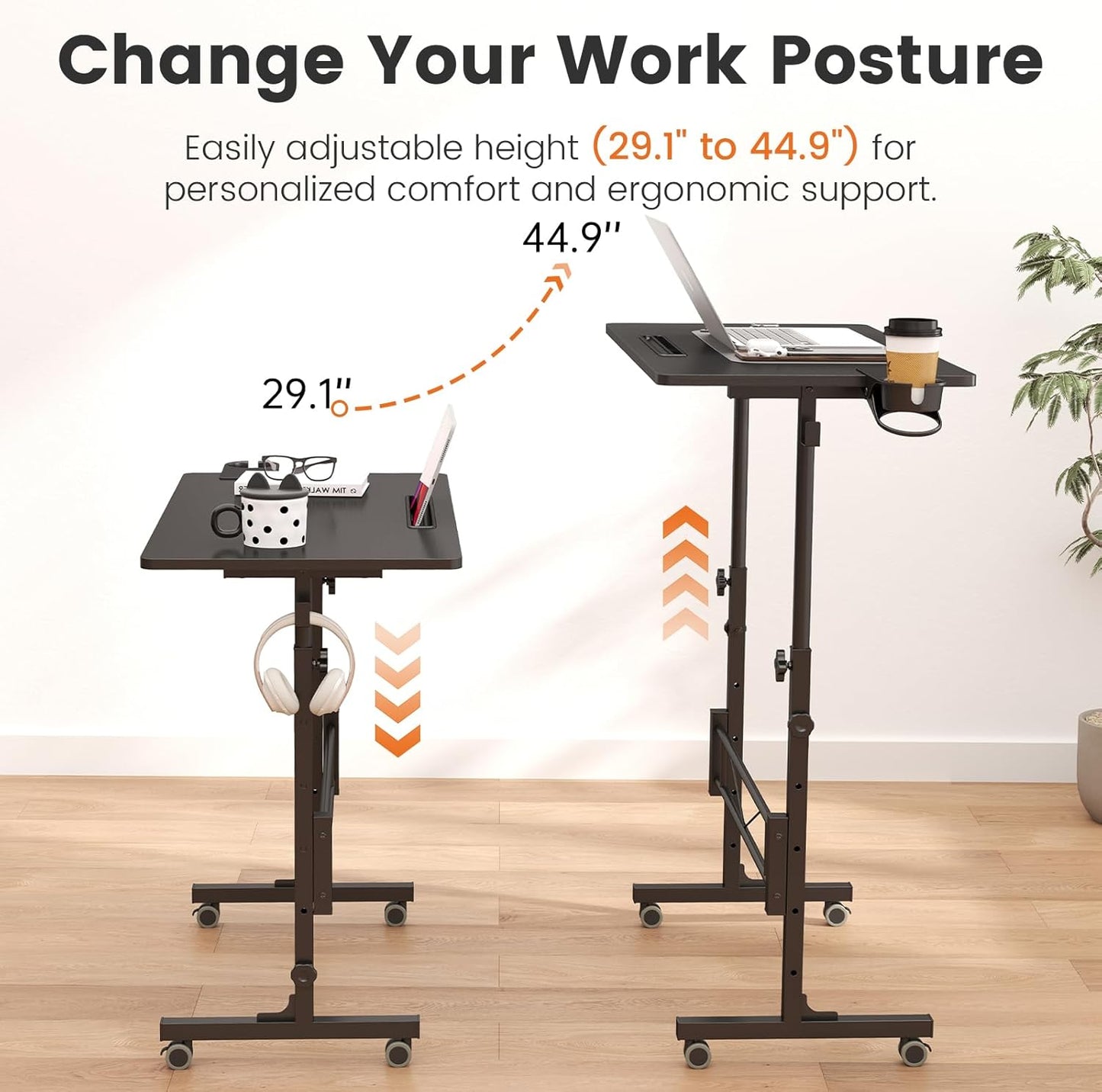 Small Standing Desk Adjustable Height, Mobile Stand up Desk with Wheels, Portable Walking Pad Table Stand, Rolling Laptop Cart for Standing or Sitting, Black