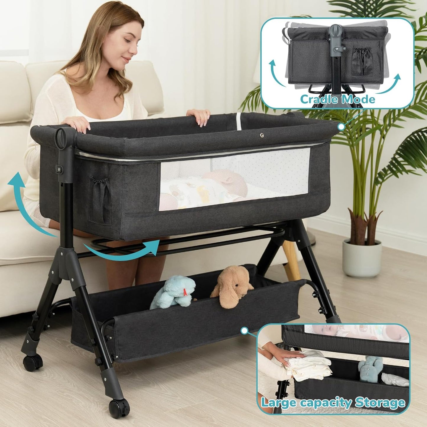 Baby Bassinet, Bedside Bassinet for Baby, 3 in 1 Bassinet Bedside Sleeper with Wheels, Mosquito Net, Adjustable Easy Folding Portable Bed for Infant Newborn (Dark Grey)
