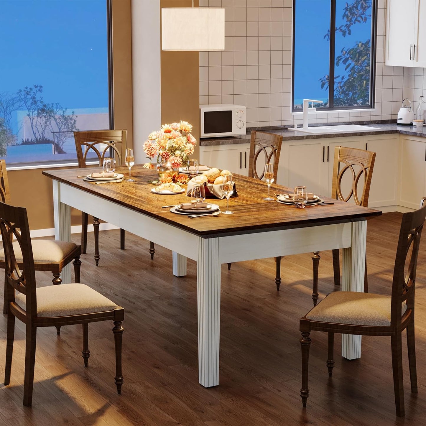 Dining Table for 4-6 People, 62-Inch Rectangular Kitchen Table with Solid Wood Legs, Modern Farmhouse Dinner Table for Dining Room, Kitchen, Living Room, Rustic Brown & Cream White