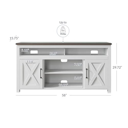 58 Inch TV Stand, Contemporary Entertainment Center for TVs up to 65", Wood Media Console Table with Two Open Shelves and Barn Door Cabinets - Corin (White)