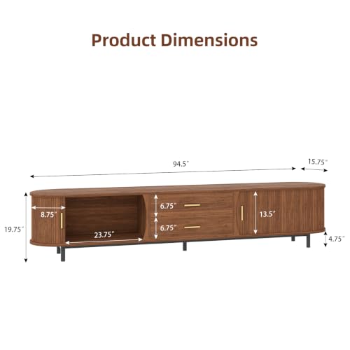 94.5" TV Stand with Storage Cabinets Drawers, Walnut Entertainment Center, view 3