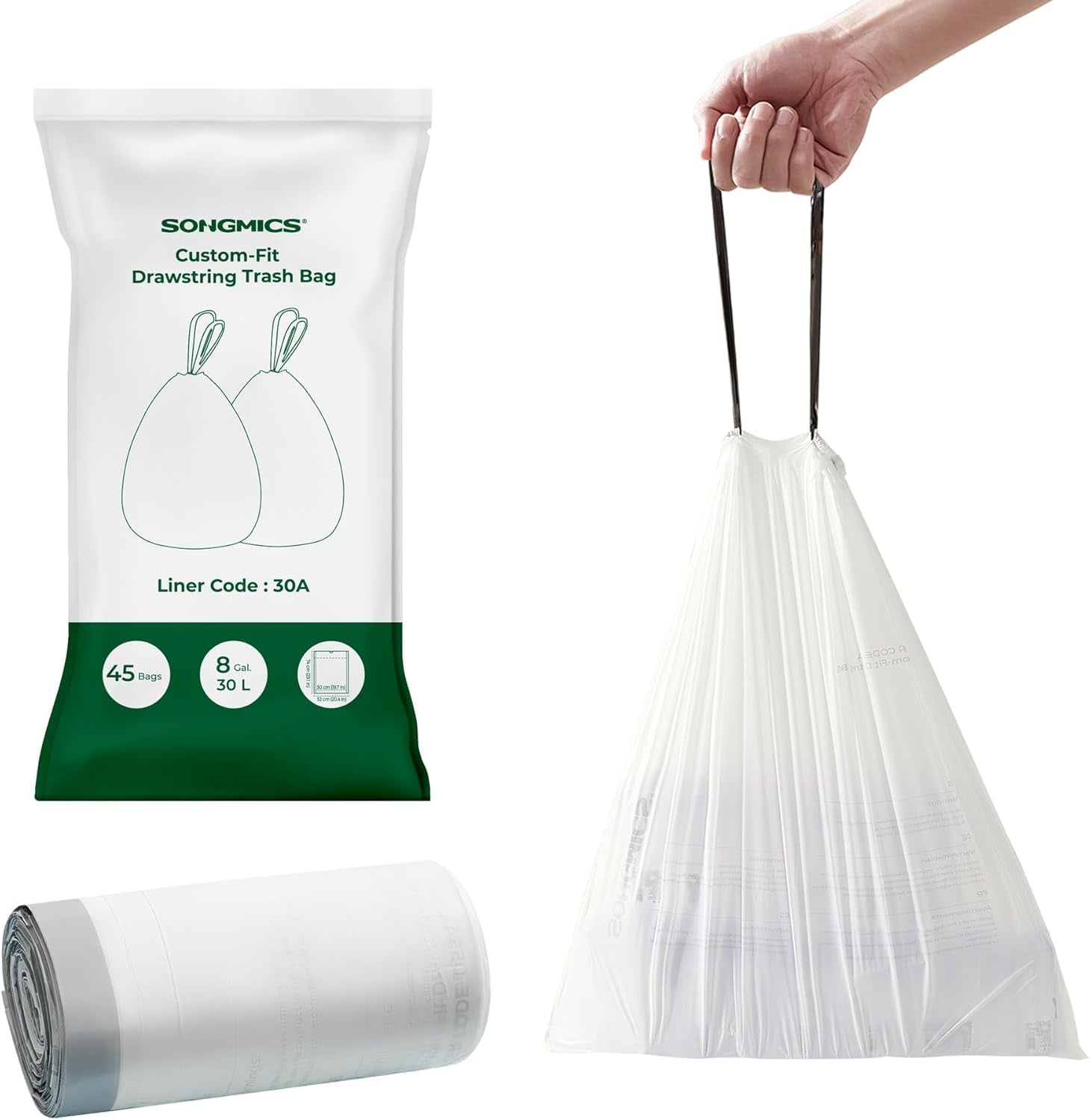 Trash Bags for 8-Gallon (30 L) Trash Cans, Drawstring Kitchen Garbage Bags, Pre-Separated, Liner Code 30A, 2 Rolls, 90 Count, White UKRB30A02