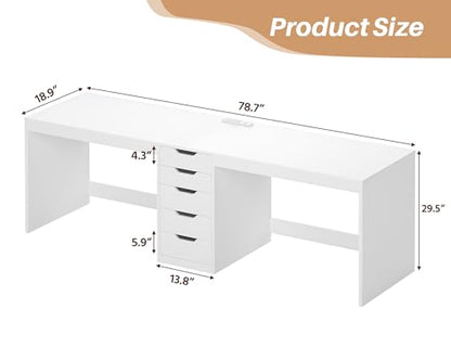2 Person Desk with 5 Drawers and Power Outlets, 78.7 Inch Long Computer Desk with Storage File Cabinet, Two Person Home Office Double Desk with Storage, White