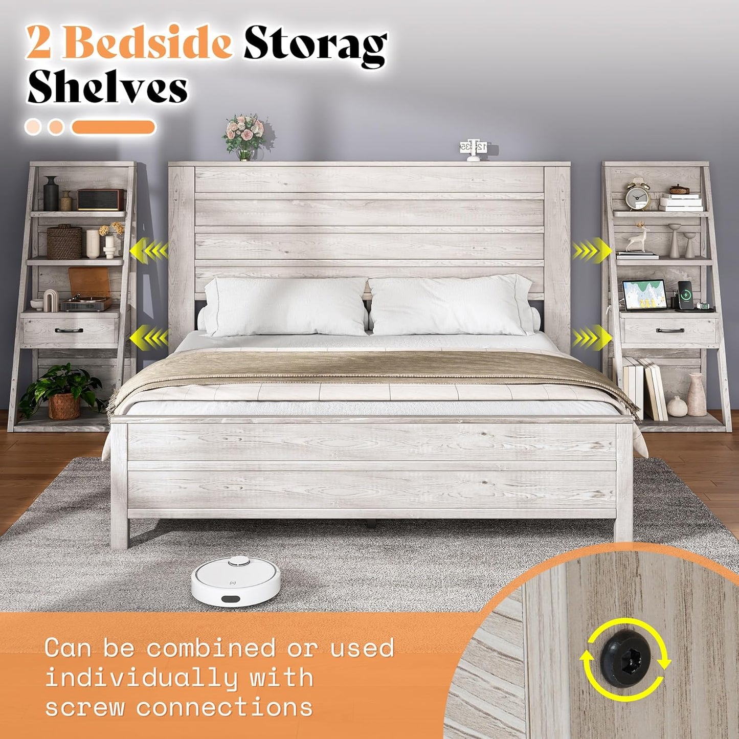 Queen Bed Frame with Bookcase Headboard & 4-Tier Bedside Shelf, Farmhouse Platform Bed with Charging Station and 2 Drawers, Noise-Free, No Box Spring Needed, Rustic White