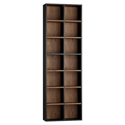 71'' Tall Bookshelf with 14 Cubes, 7 Tier Double Wide Wood Bookshelf with 6 Adjustable Shelves, 19.6" Narrow Bookcase DVD/CD Media Storage, Space Saving Display Shelf Cabinet, Black/Brown