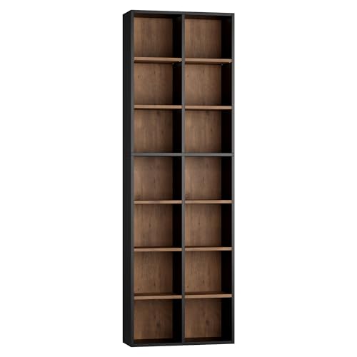 71'' Tall Bookshelf with 14 Cubes, 7 Tier Double Wide Wood Bookshelf with 6 Adjustable Shelves, 19.6" Narrow Bookcase DVD/CD Media Storage, Space Saving Display Shelf Cabinet, Black/Brown