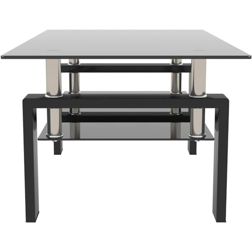 Black 2 tier glass top coffee table with wooden legs, view 5