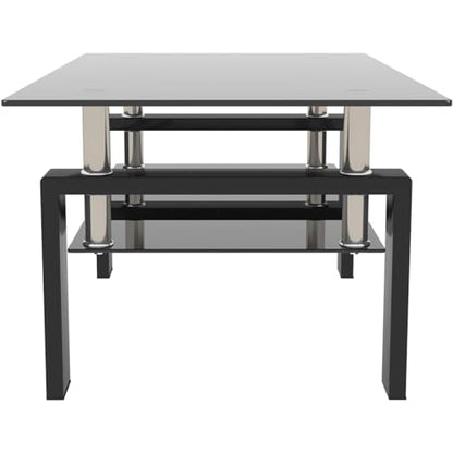 Black 2 tier glass top coffee table with wooden legs, view 5