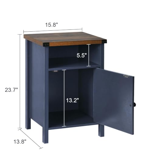 Navy blue farmhouse nightstand with barn door and shelf, view 4