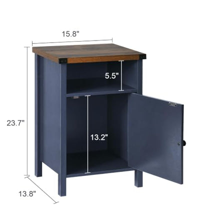 Navy blue farmhouse nightstand with barn door and shelf, view 4