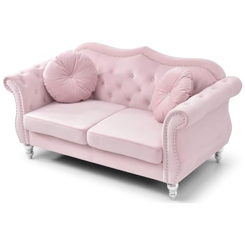 Velvet Loveseat, 68" Wide, Dark Gray - Hollywood Regency Style Sofa Pink