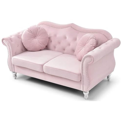 Velvet Loveseat, 68" Wide, Dark Gray - Hollywood Regency Style Sofa Pink