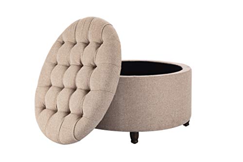 Classic 28-Inch Wide Button Tufted Round Storage Ottoman Footstool with Lift Off Lid, Light Brown Fabric