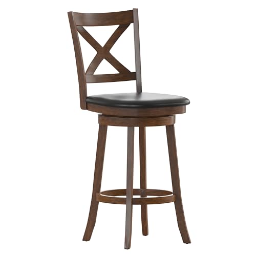 Sora Crossback Swivel Bar Height Stool - Antique Oak Finish - 30" H Padded Black Faux Leather Seat - 360° Swivel - Integrated Footrest