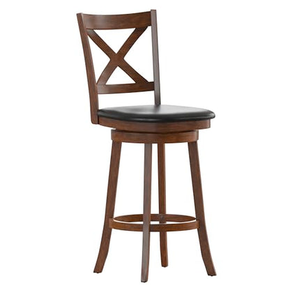 Sora Crossback Swivel Bar Height Stool - Antique Oak Finish - 30" H Padded Black Faux Leather Seat - 360° Swivel - Integrated Footrest