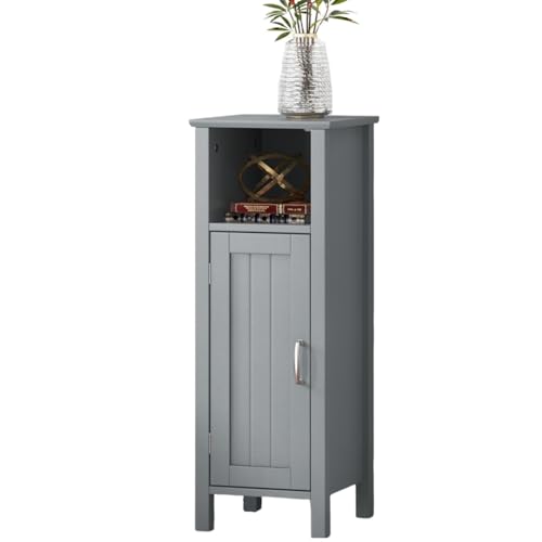 LUARANE Wooden Bathroom Floor Storage Cabinet, Side Storage Organizer Cabinet with 1 Door Open Shelf Adjustable Shelves, Small Free Standing Sideboard for Entryway Living Room Kitchen (Gray)