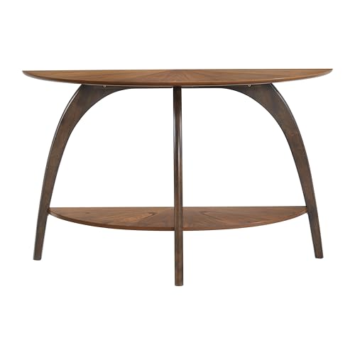 Retro Mid-Century Modern Half-Moon Wood Sofa Table with Lower Shelf, Console Table for Living Room or Entryway. Nutmeg Brown Top with Espresso Brown Legs