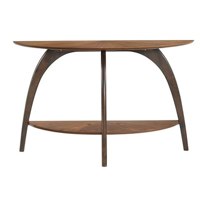 Retro Mid-Century Modern Half-Moon Wood Sofa Table with Lower Shelf, Console Table for Living Room or Entryway. Nutmeg Brown Top with Espresso Brown Legs