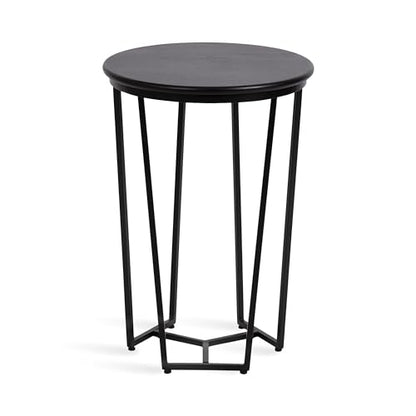 Solvay Round Metal and Wood Side Table; 16 x 16 x 24; Black; Modern Bedroom Nightstand Table with Solid Mango Wood Tabletop and Iron Base
