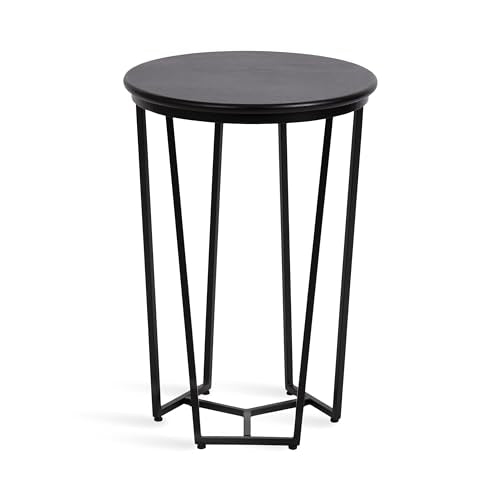 Solvay Round Metal and Wood Side Table; 16 x 16 x 24; Black; Modern Bedroom Nightstand Table with Solid Mango Wood Tabletop and Iron Base