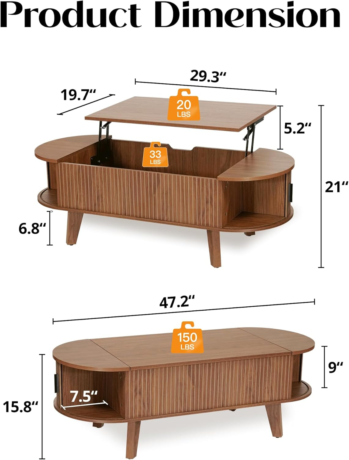 Oval Lift Top Coffee Table with Storage, 47.2" Mid Century Modern Living Room Center Table with 180° Sliding Tambour Door, Wood Fluted Coffee Table for Home Office, Walnut