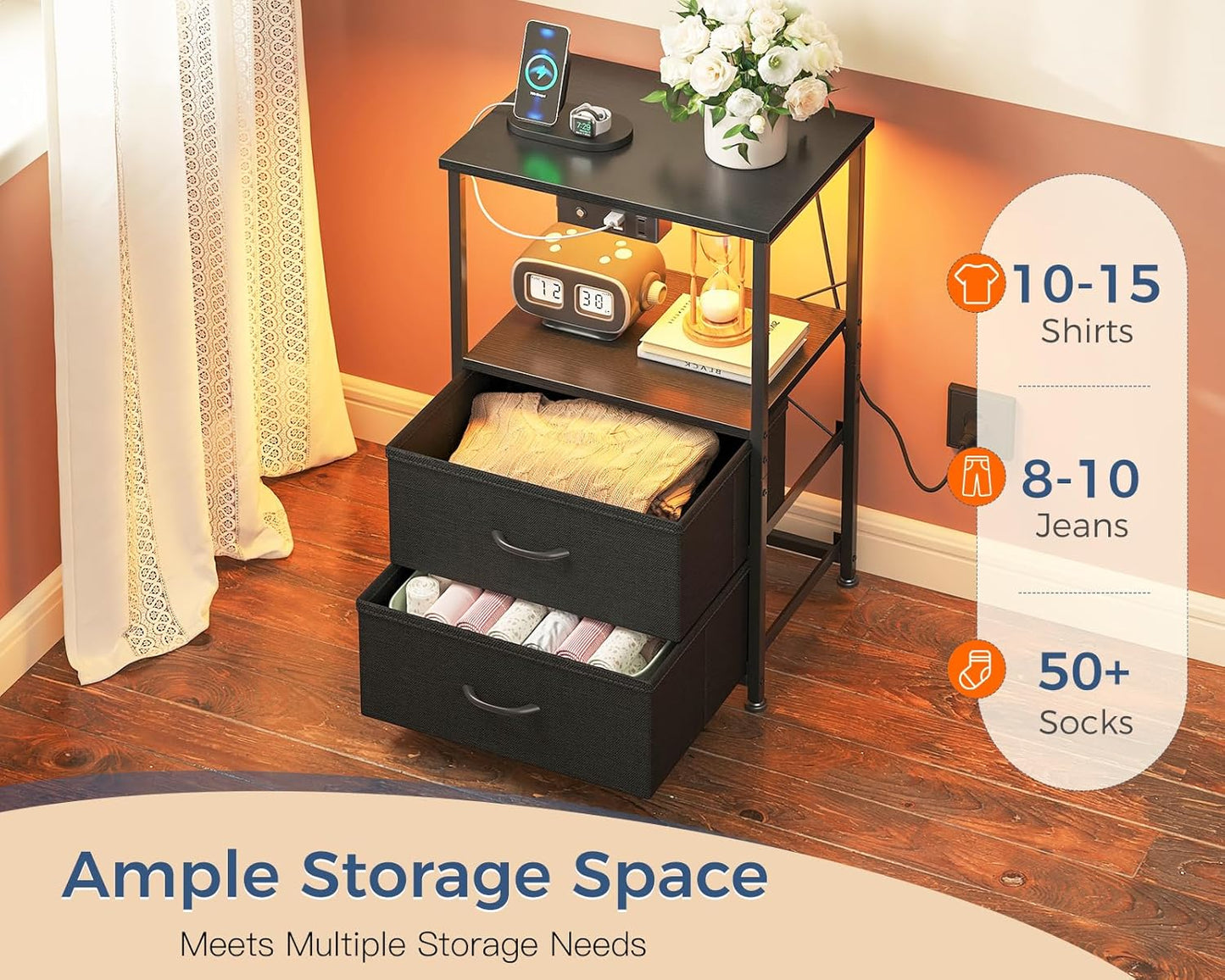 Night Stand with Charging Station and LED Lights, End Table for Bedroom with 2 Fabric Drawers, Small Nightstand with Storage Shelf, Bed Side Bedside Table, Black