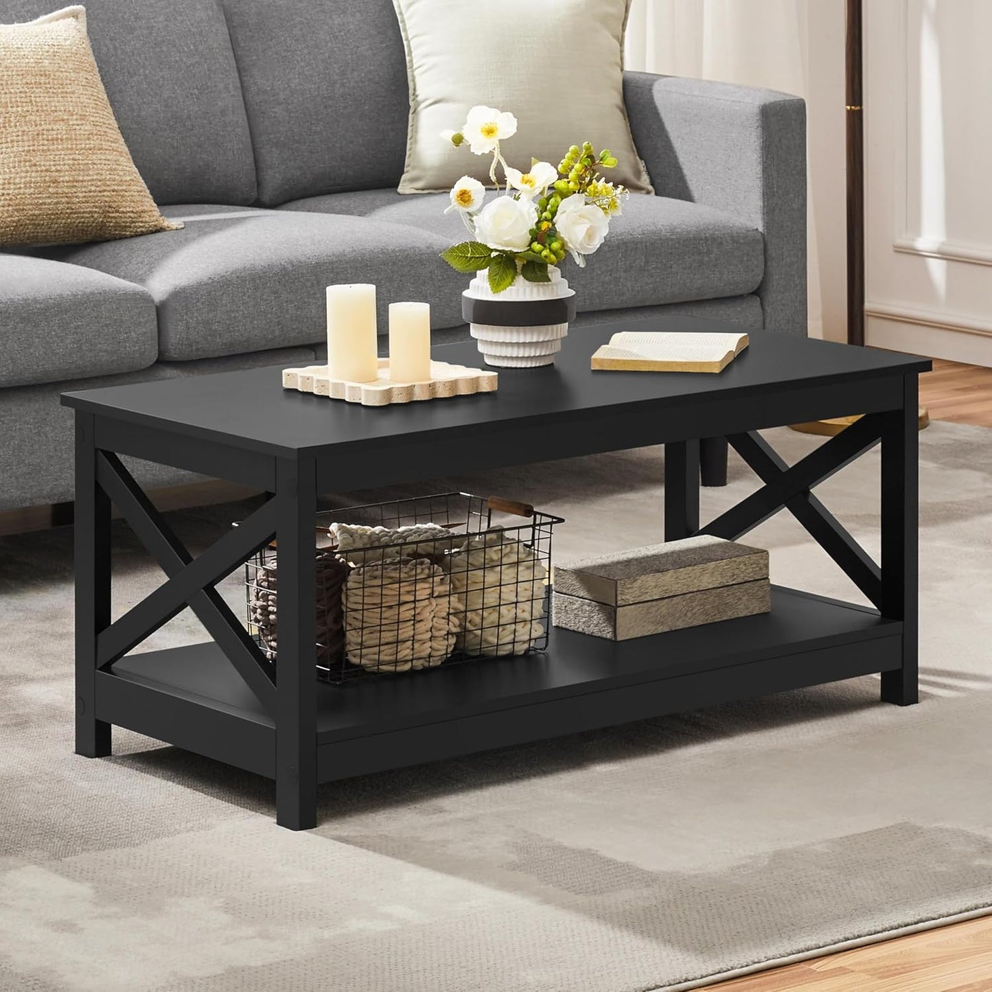 Wood 2-Tier Black Coffee Table with Storage Shelf for Living Room, X Design Accent Cocktail Table, Easy Assembly Home Furniture, 39.5 X 20 X 18 Inches