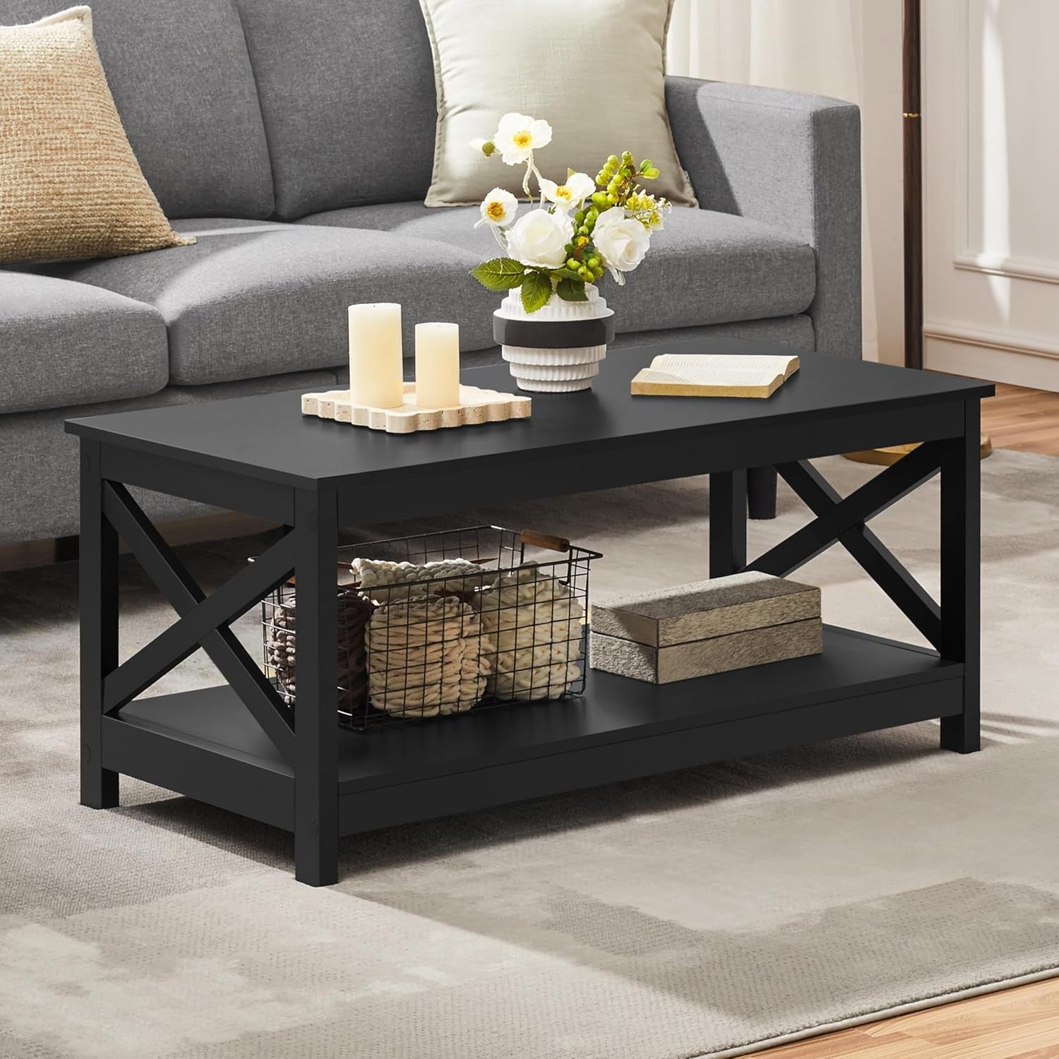 Wood 2-Tier Black Coffee Table with Storage Shelf for Living Room, X Design Accent Cocktail Table, Easy Assembly Home Furniture, 39.5 X 20 X 18 Inches