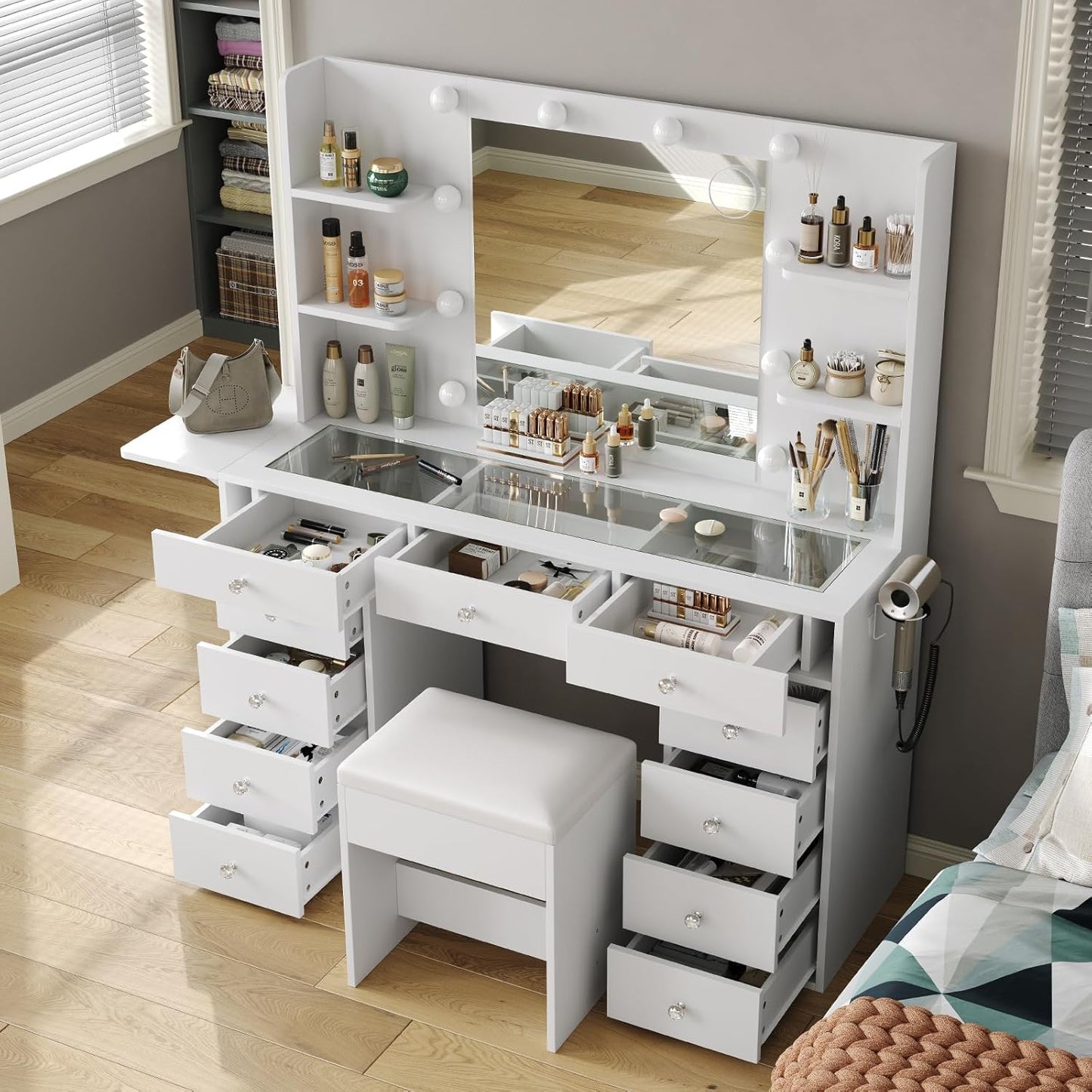Vanity Desk with Power Outlet, 47'' W Makeup Table with Mirror and 12 LED Lights, 3 Color Lighting Modes, 11 Drawers Makeup Vanity with 4 Shelves, Fold-Up Panel, Glass Top, Vanity Set for Bedroom