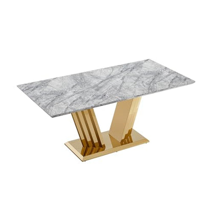Marble Dining Table for 6 People, 70'' Rectangle Faux Marble Dining Table with Mirrored Stainless Steel Base, Large Size Marble Kitchen Table (Gold,Grey)(only Table)