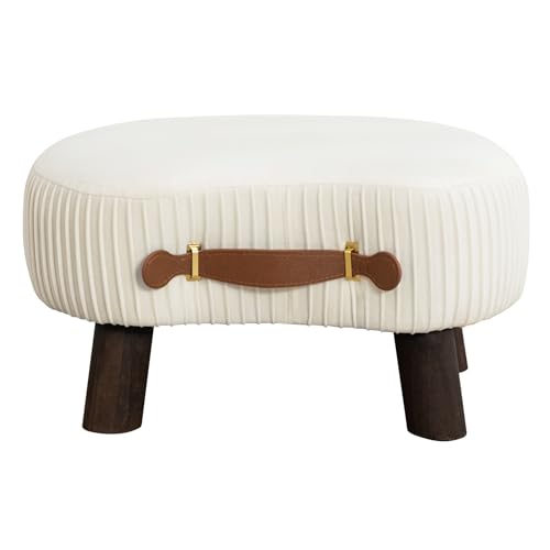 Small Curved Foot Stool with Handle, Beige Velvet Footstool and Ottomans, Modern Foot Rest with Wooden Legs, Step Stool with Padded Seat for Couch, Living Room