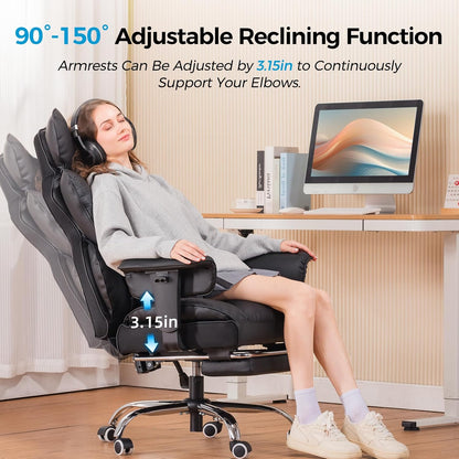 Big and Tall Office Chair 400LBS Wide Ergonomic Gaming Chair with Deluxe Embossing Designed Leather with Foot Rest,150°Reclining Adjustable Armrests Pocket Spring Back Support and Pillow