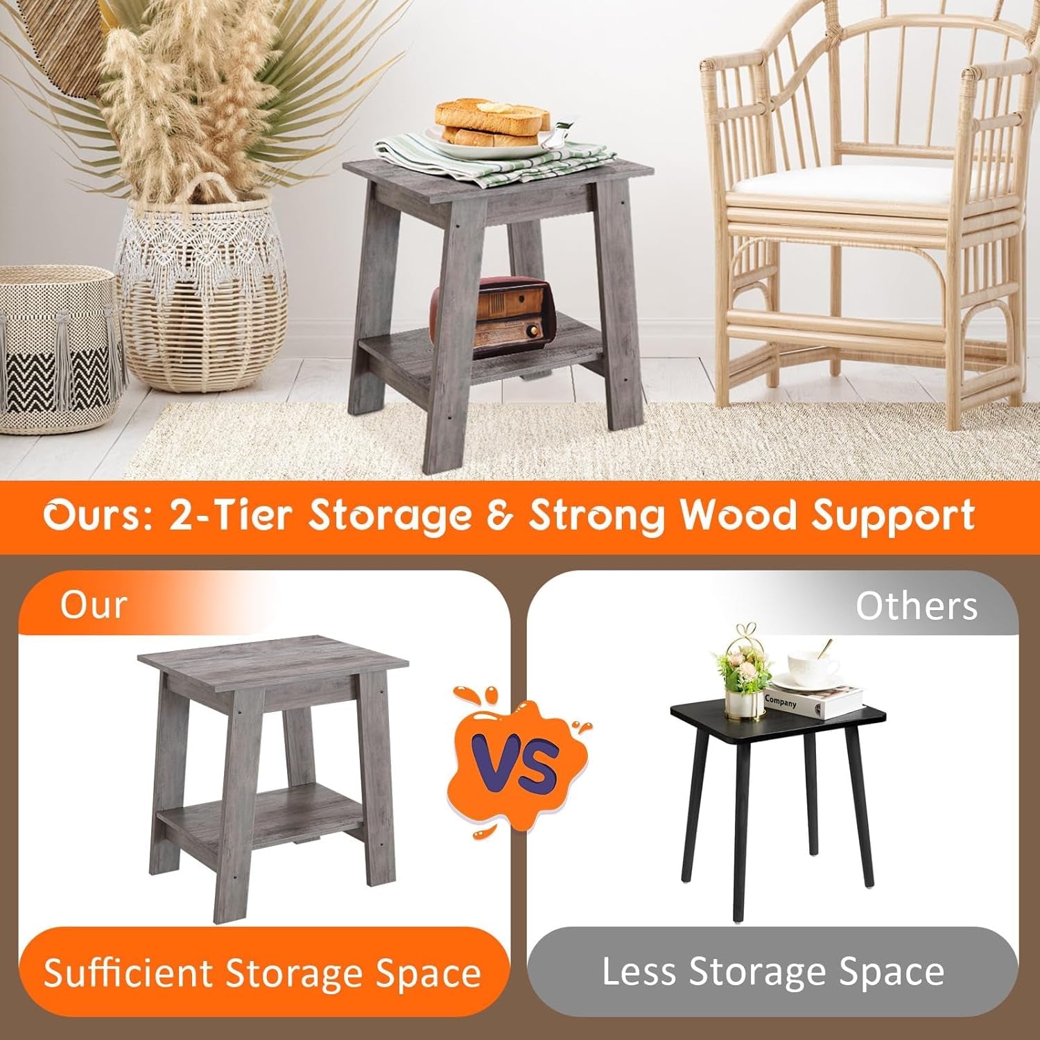 Farmhouse End Table with Storage Shelf - Rustic 2-Tier Side Table, Narrow Nightstand & Small Coffee Table for Living Room, Bedroom, Apartment (Grey)