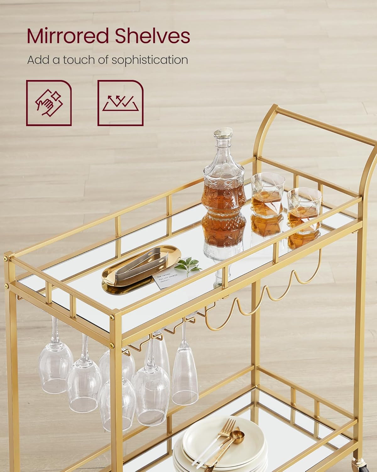 Bar Cart Gold, Home Bar Serving Cart, Wine Cart with 2 Mirrored Shelves, Wine Holders, Glass Holders, for Kitchen, Dining Room, Gold ULRC090A03