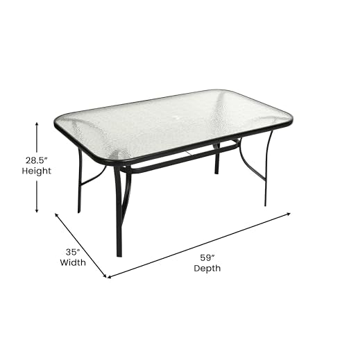 Tory Rectangle Patio Table with Umbrella Hole, Commercial All-Weather Table with Heat Resistant Tempered Glass, Steel Tube Frame, 35x 59, Black