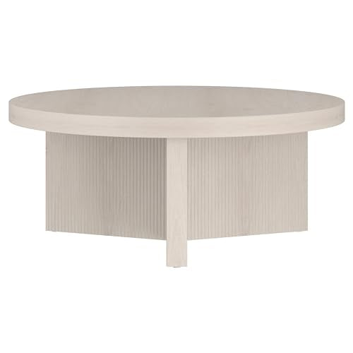 36" Fluted Round Low-Profile Coffee Table with Ribbed Pedestal Base for Living Room, Family Room, or Office, Beech White