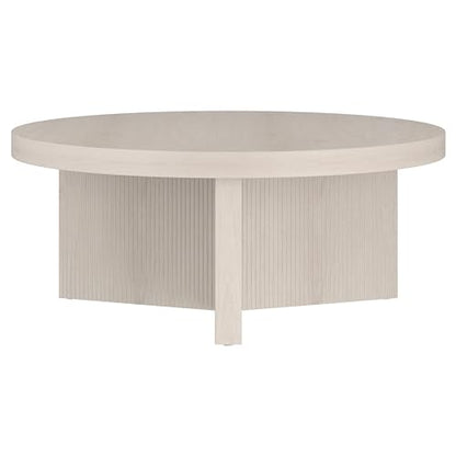 36" Fluted Round Low-Profile Coffee Table with Ribbed Pedestal Base for Living Room, Family Room, or Office, Beech White