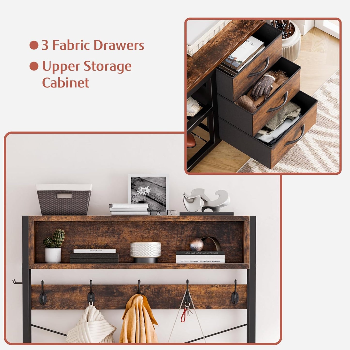 Hall Tree with Bench and Shoe Storage, 31.5" Coat Rack Freestanding with 2-Tier Storage Shelf, 6-In-1 Entryway Bench Coat Rack with 12 Hooks and 3 Drawers(Rustic Brown)