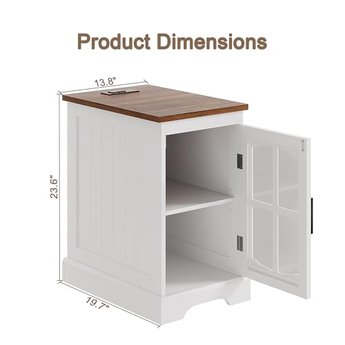 Farmhouse End Table Set of 2 with Charging Station, Nightstand with Adjustable Shelf and Glass Door, White Side Table for Living Room, Bedroom