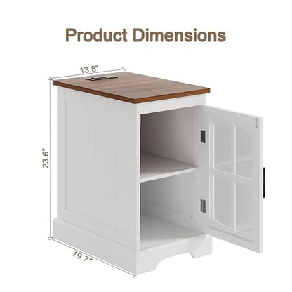 Farmhouse End Table Set of 2 with Charging Station, Nightstand with Adjustable Shelf and Glass Door, White Side Table for Living Room, Bedroom