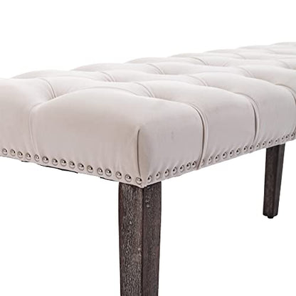 Button-Tufted Ottoman Bench, Upholstered Bedroom Benches Velvet Footrest Stool Accent Bench for Entryway Dining Room Living Room Bedroom End of Bed, Beige