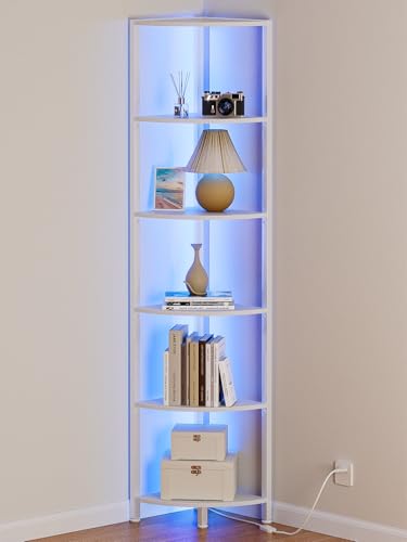 6 Tier Corner Shelf with LED Light, 67.5” Tall Standing Shelf Organizer, White Narrow Bookshelf with Storage Rack for Wall Corner, Living Room, Bedroom, Metal Frame, Wood Display Shelf
