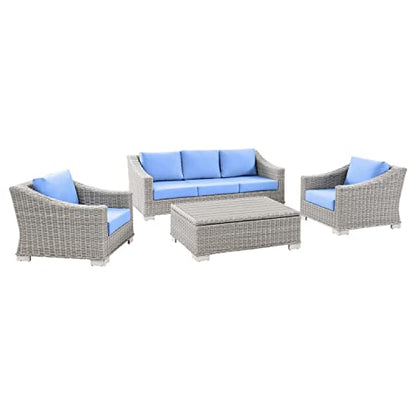Conway Wicker Rattan 4-Piece Outdoor Patio Furniture Set in Light Gray Light Blue