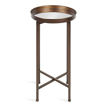 Celia Round Metal Foldable Accent Table with Mirror Tray Top, Bronze