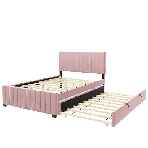 JIVOIT Velvet Fabric Upholstered Platform Bed, Full Size Platform Bed with Twin Size Trundle, Upholstered Headboard and Wood Slats Support for Teens (Pink/Full,486)
