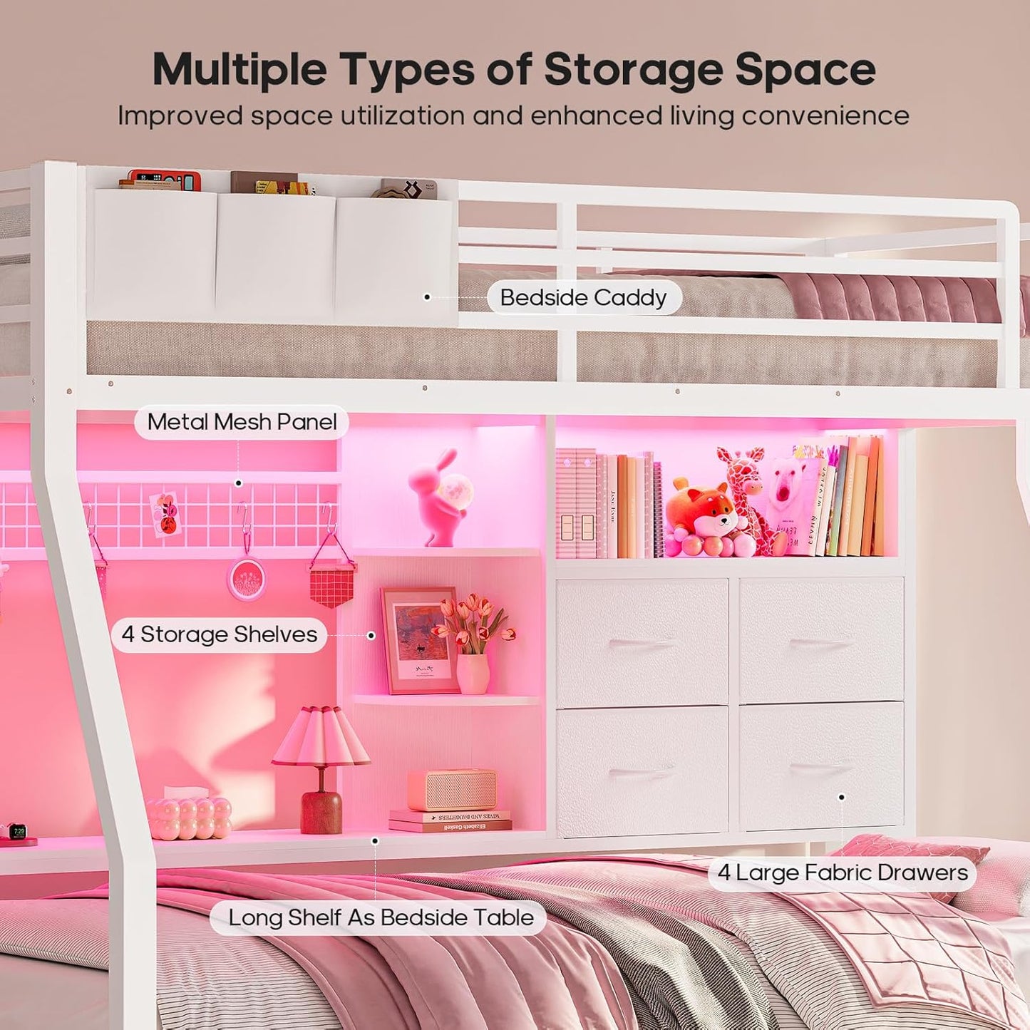 Bunk Bed Twin over Twin with 4 Storage Drawers & Shelves & Bedside Caddy, Twin Bunk Beds with Charging Station & Led Lights, Metal Bunk Bed with Safety Guardrail & Angled Ladder for Kids, White