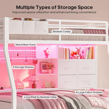 Bunk Bed Twin over Twin with 4 Storage Drawers & Shelves & Bedside Caddy, Twin Bunk Beds with Charging Station & Led Lights, Metal Bunk Bed with Safety Guardrail & Angled Ladder for Kids, White