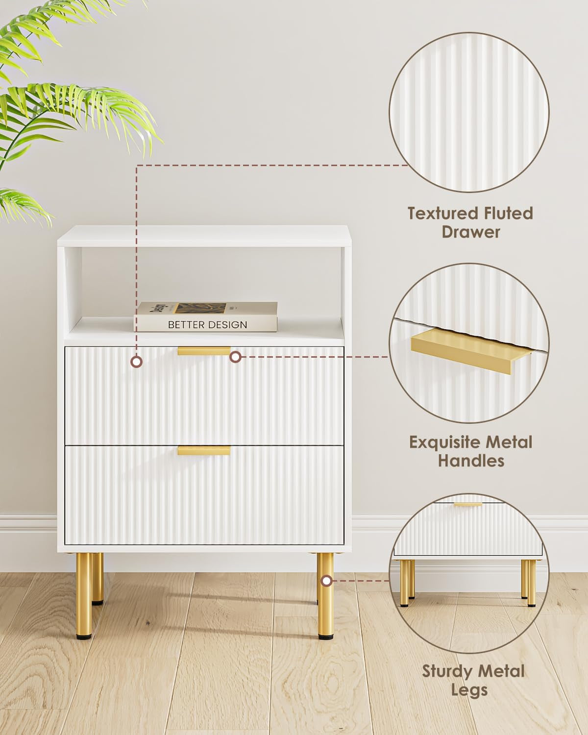 Night Stand,Tall Bedside Table with 3Storage Drawers,White Nightstand,Bedside Furniture,Side Table with Gold Frame,End Table for Bedroom,Living Room (Modern-2Drawers 1Shelf, White)